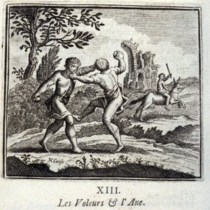 De dieven en de ezel. Fabels door Jean de La Fontaine (1621-95). Illustratie door François Chauveau (1613-1676). Editie van 1728. door Francois Chauveau