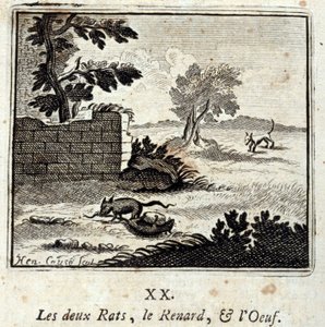 De twee ratten, de vos en het ei. Fabels door Jean de La Fontaine (1621-95). Illustratie door François Chauveau (1613-1676). Editie van 1728.