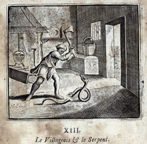 De dorpsbewoner en de slang. Fabels van Jean de La Fontaine. Illustratie door François Chauveau. Editie van 1728.