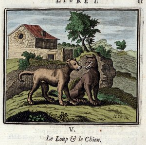 De Wolf en de Hond. Fabels door Jean de La Fontaine (1621-1695). Illustratie door Francois Chauveau (1613-1676). Editie van 1728