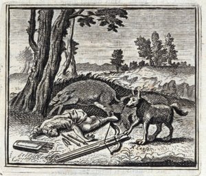 De Wolf en de Jager. Fabels van Jean de La Fontaine. Illustratie door François Chauveau. Editie van 1728. door Francois Chauveau
