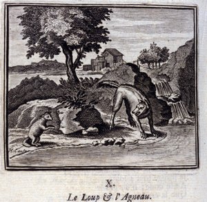 De wolf en het lam. Fabels van Jean de La Fontaine. Illustratie door François Chauveau. Editie van 1728. door Francois Chauveau