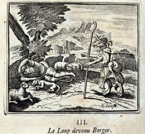 De Wolf werd Berger. Fabels van Jean de La Fontaine. Illustratie door François Chauveau. Editie van 1728. door Francois Chauveau
