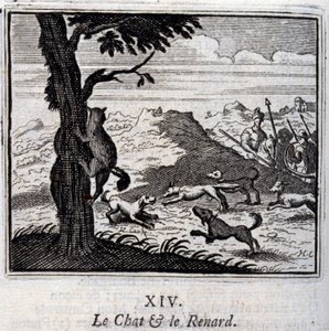 De kat en de vos. Fabels van Jean de La Fontaine. Illustratie door François Chauveau. Editie van 1728.