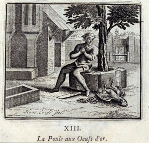 De kip met gouden eieren. Fabels van Jean de La Fontaine. Illustratie door François Chauveau. Editie van 1728.