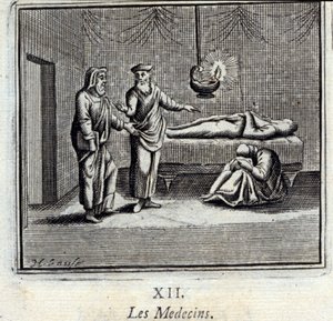 De dokters. Fabels van Jean de La Fontaine. Illustratie door François Chauveau. Editie van 1728. door Francois Chauveau