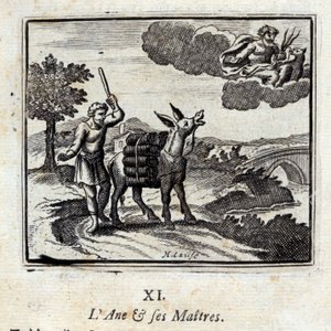 De ezel en zijn meesters. Fabels door Jean de La Fontaine (1621-95). Illustratie door François Chauveau (1613-1676). Editie van 1728. door Francois Chauveau