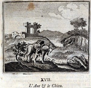 De ezel en de hond. Fabels van Jean de La Fontaine. Illustratie door François Chauveau. Editie van 1728.