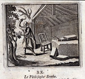 De filosoof Scythe. Fabels van Jean de La Fontaine. Illustratie door François Chauveau. Editie van 1728. door Francois Chauveau