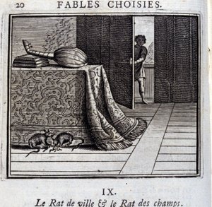 De stadsmuis en de veldmuis. Fabels door Jean de La Fontaine. Illustratie door François Chauveau. Editie van 1728