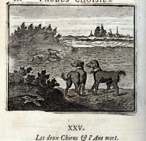 De twee honden en de dode ezel. Fabels door Jean de La Fontaine (1621-95). Illustratie door François Chauveau (1613-1676). Editie van 1728.