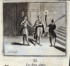 De twee vrienden. Fabels door Jean de La Fontaine (1621-95). Illustratie door François Chauveau (1613-1676). Editie van 1728.