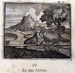 De twee geiten. Fabels door Jean de La Fontaine (1621-95). Illustratie door François Chauveau (1613-1676). Editie van 1728.
