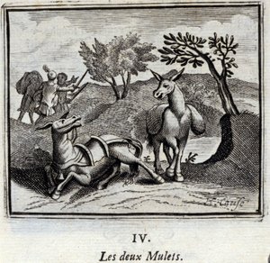 De twee muilezels. Fabels van Jean de La Fontaine. Illustratie door François Chauveau. Editie van 1728.