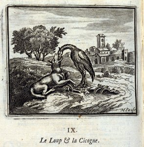 De wolf en de ooievaar. Fabels door Jean de La Fontaine (1621-95). Illustratie door François Chauveau (1613-1676). Editie van 1728.
