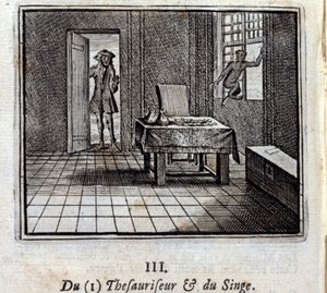 De Schatbewaarder en de Aap. Fabels van Jean de La Fontaine. Illustratie door François Chauveau. Editie van 1728. door Francois Chauveau