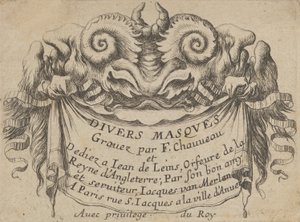Titelplaat met twee satyrhoofden, uit Divers Masques door Francois Chauveau
