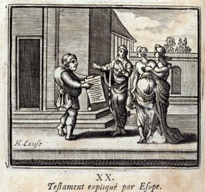 Testament uitgelegd door Esope. Fabels van Jean de La Fontaine (1621-95). Illustratie door François Chauveau (1613-1676). Editie van 1728. door Francois Chauveau