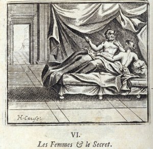Vrouwen en geheimen. Fabels van Jean de La Fontaine. Illustratie door François Chauveau. Editie van 1728. door Francois Chauveau