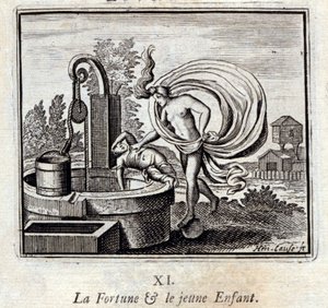 Fortuna en het jonge kind. Fabels door Jean de La Fontaine (1621-95). Illustratie door François Chauveau (1613-1676). Editie van 1728. door Francois Chauveau