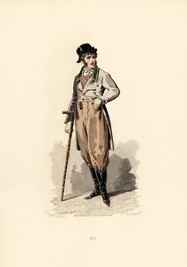 Man in loszittende jas, vest, broek en laarzen