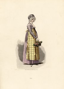Vrouw in violette jurk met strogekleurd schort