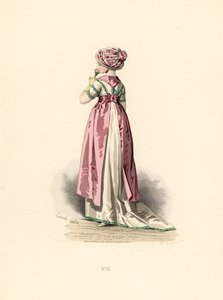 Vrouw in witte jurk en corsage met groene rand, roze schort