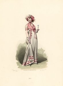 Vrouw in witte jurk, roze fichu en corsage door Francois Claudius (after) Compte Calix