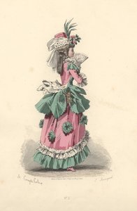 Modieuze vrouw in jurk met rozetten, tijdperk van Marie Antoinette