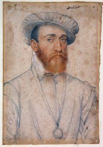 Portret van Francois de Coligny, heer van Andelot (1521 - 1569). Tekening met rood krijt en zwarte steen door Clouet Francois (1515-1572) door François Clouet