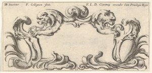 Plaat 10: een cartouche met de koppen van twee leeuwen in profiel naar links en rechts. door Francois Collignon