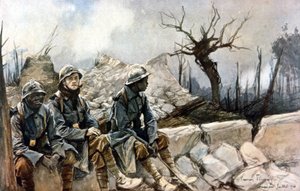 3 Franse soldaten zittend voor de ruïnes van de Dampierre kerk. Oorlog 1914 - 1918