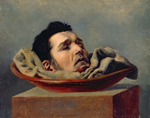 Onthoofd hoofd van een vadermoordenaar geëxecuteerd in Puy in 1825