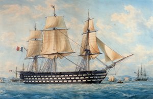 Het schip Montebello, door Francois Roux, aquarel, Frankrijk door Francois Geoffroy Roux
