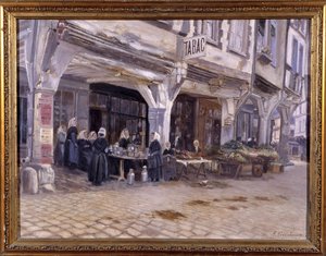 Markt onder de arcades in Dinan - door F. Gombeaux, eind 19e eeuw door Francois Gombeaux