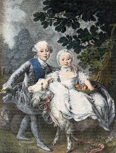 De graaf van Artois als kind (toekomstige koning Karel X) (1757-1836) en zijn zus Marie Clotilde Xavière (toekomstige koningin van Sardinië) (1759-1802) - afgebeeld in 1764. Gravure 19e eeuw naar het schilderij van François Hubert Drouais.