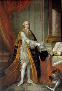 Portret van Lodewijk Stanislas Xavier van Frankrijk (toekomstige Lodewijk XVIII), Graaf van Provence (1755-1824) in groot kostuum van de Orde van de Heilige Geest en presenteert de Privileges van de Stad Angers