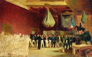 De Kamer van Afgevaardigden presenteert aan de Hertog van Orléans, Louis Philippe I (1773-1850), de akte die hem oproept tot de troon en het Handvest van 1830, in het Koninklijk Paleis, 7 augustus 1830