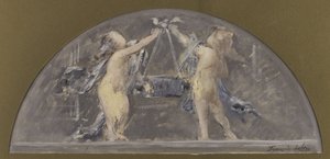 Schets voor de eetkamer van het Hôtel de Ville de Paris, twee kinderen die samen een grote doos optillen