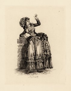 Modieuze vrouw in bonnet à la Nicolet, tijdperk van Marie Antoinette door Francois Louis Joseph (after) Watteau