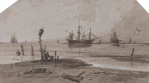 Schepen voor anker in een kalme zee door Francois Louis Thomas Francia