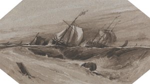 Schepen die overhellen in een stormachtige zee