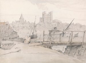 Zuidoostelijk uitzicht op Rochester Castle en de kathedraal door Francois Louis Thomas Francia