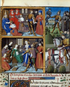 Scènes uit het leven van de koning der Franken Karel de Grote (742-814). Miniatuur uit het manuscript “Speculum historiale” (Le Miroir historial) door Vincent de Beauvais (1184/94-1264) verlucht door de Meester François (15e eeuw). Chantilly, Condé