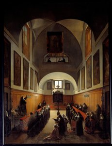 Het nemen van de kleren van een jong meisje uit Albano in het koor van het klooster van St. Clair in Rome. Schilderij door Francois Marius Granet (1775-1849) door Francois Marius Granet