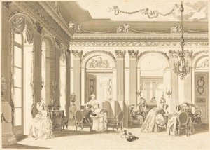 De bijeenkomst in de salon door Francois Nicolas Barthelemy Dequevauviller after Nicolas Lavreince