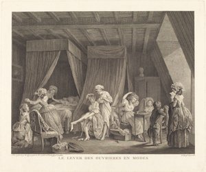 Het opstaan van de modearbeidsters door Francois Nicolas Barthelemy Dequevauviller after Nicolas Lavreince