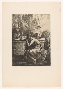 Klassieke voorstelling met mannen rond een sarcofaag door Francois Nicolas Chifflart