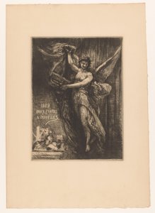 Titelprent met engel en drukpers door Francois Nicolas Chifflart