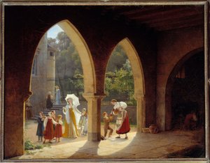 Madame Elisabeth van Frankrijk (1764-1794), zus van Lodewijk XVI helpt bij de melkuitdeling in haar huis in Montreuil nabij Versailles door Francois Richard Fleury